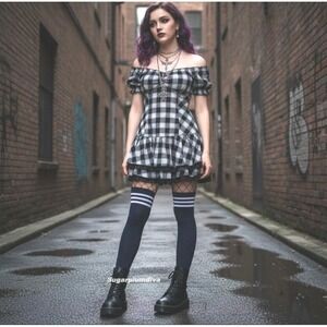 Black with 3 White Stripes Over the Knee Thigh High Socks ONE SIZE Emo NEW